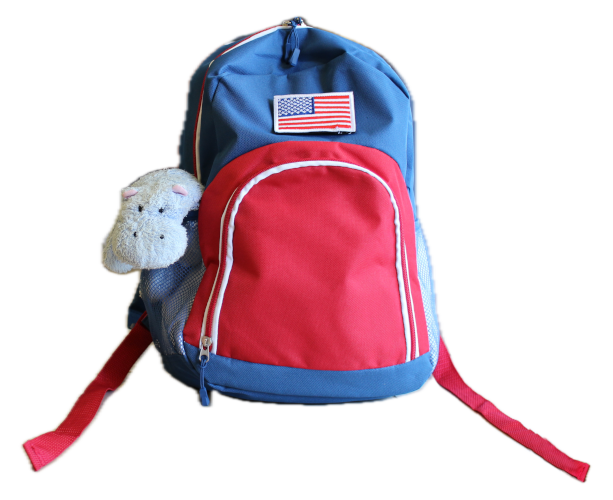 stuffed, zipped red and blue backpack with American flag patch and cute plush hippo stuffed animal in side pocket