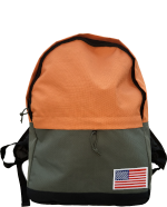 stuffed orange and green backpack with American flag patch